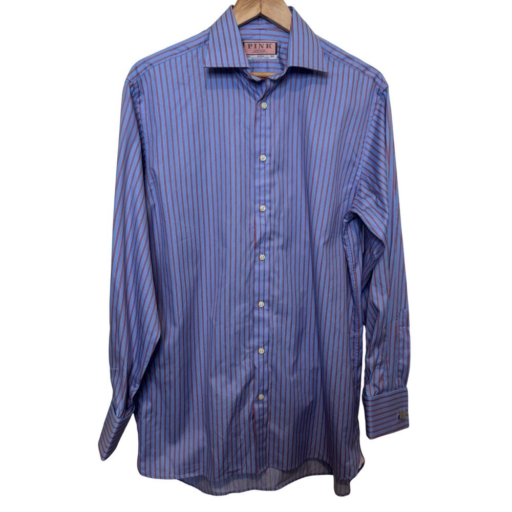 Thomas Pink Blue Striped Shirt and Cuff Links 15.5 x 34